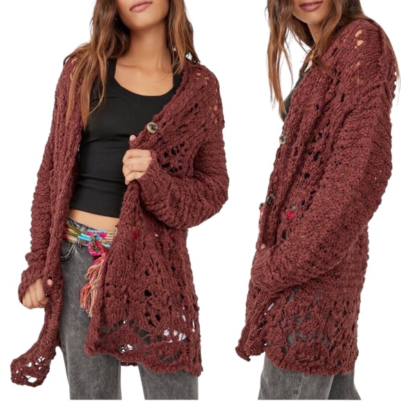 Free People Sweaters - Free People Imelda Boho Crochet Long Oversized Rum Raisin Cardigan Size S NEW
